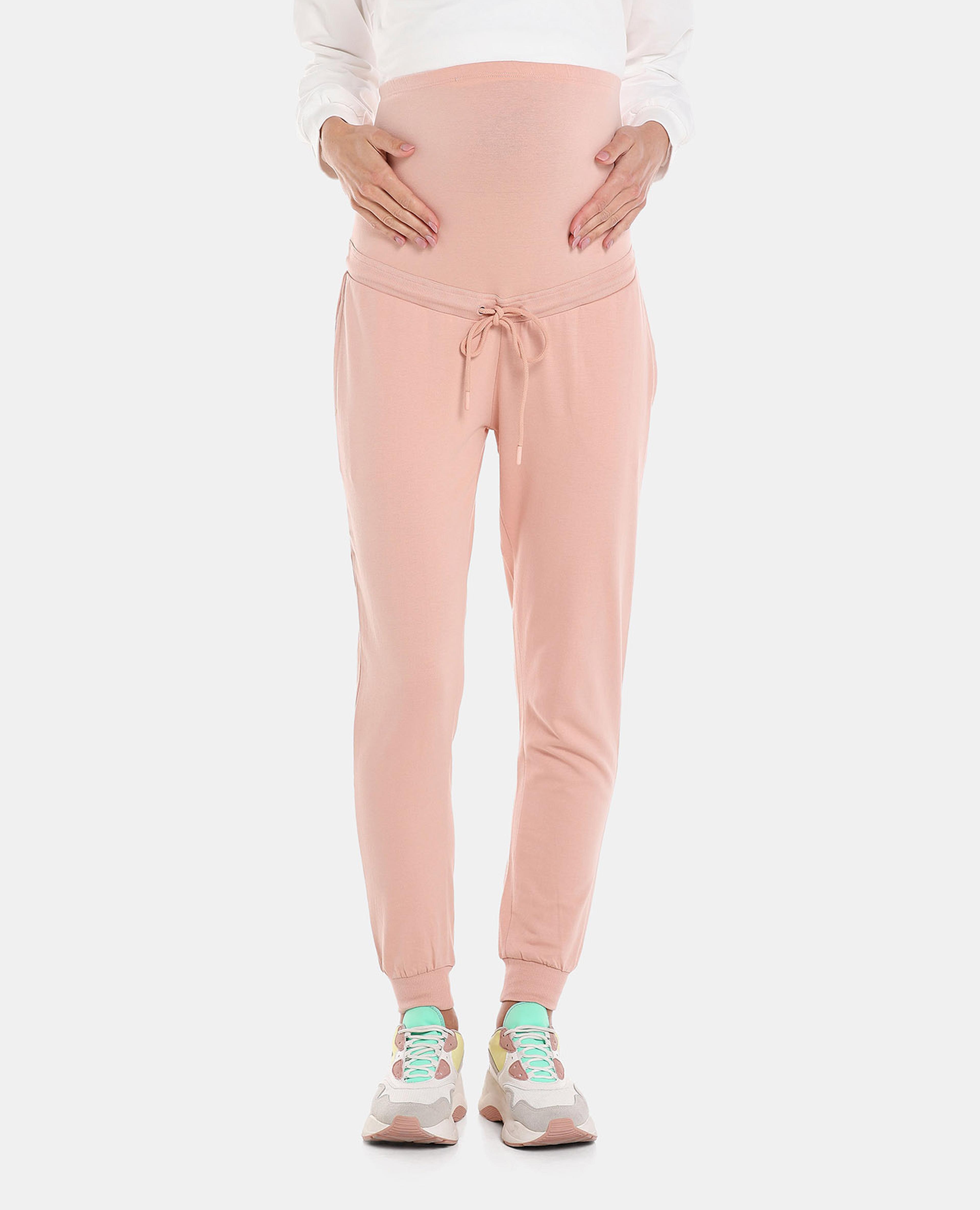 Beige Solid Maternity Knit Joggers