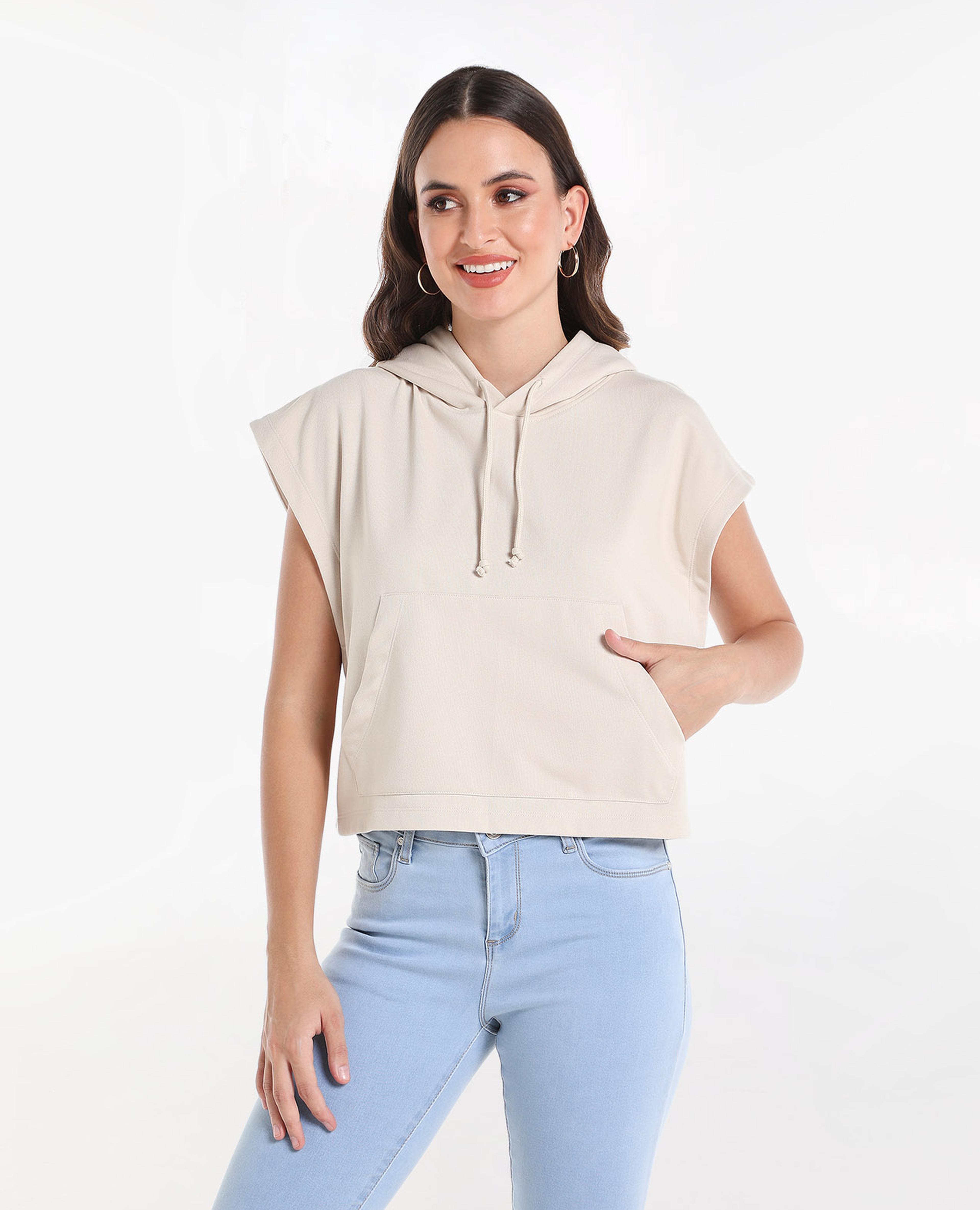 Solid Sweater with Hooded Neck and Cap Sleeves
